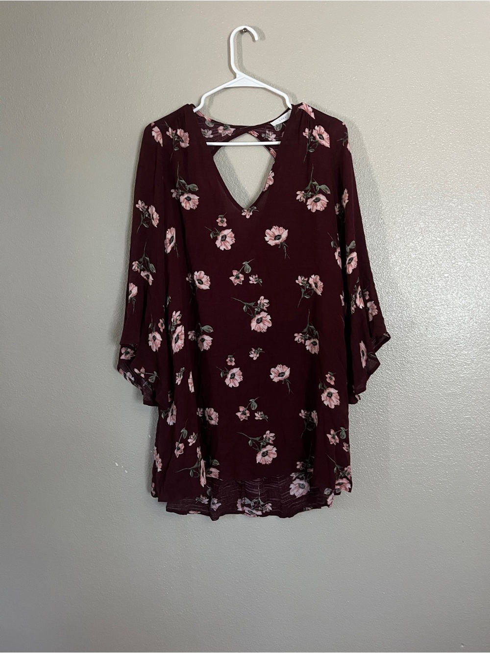 Lush Wine Floral High-Low V-Neck Bell Sleeve Dress - Picture 2 of 6